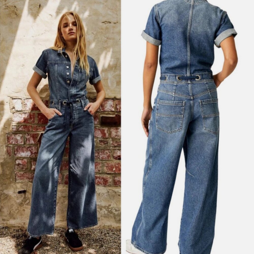 Free People Washed Denim Short-Sleeve Utility Jumpsuit in Medium Blue